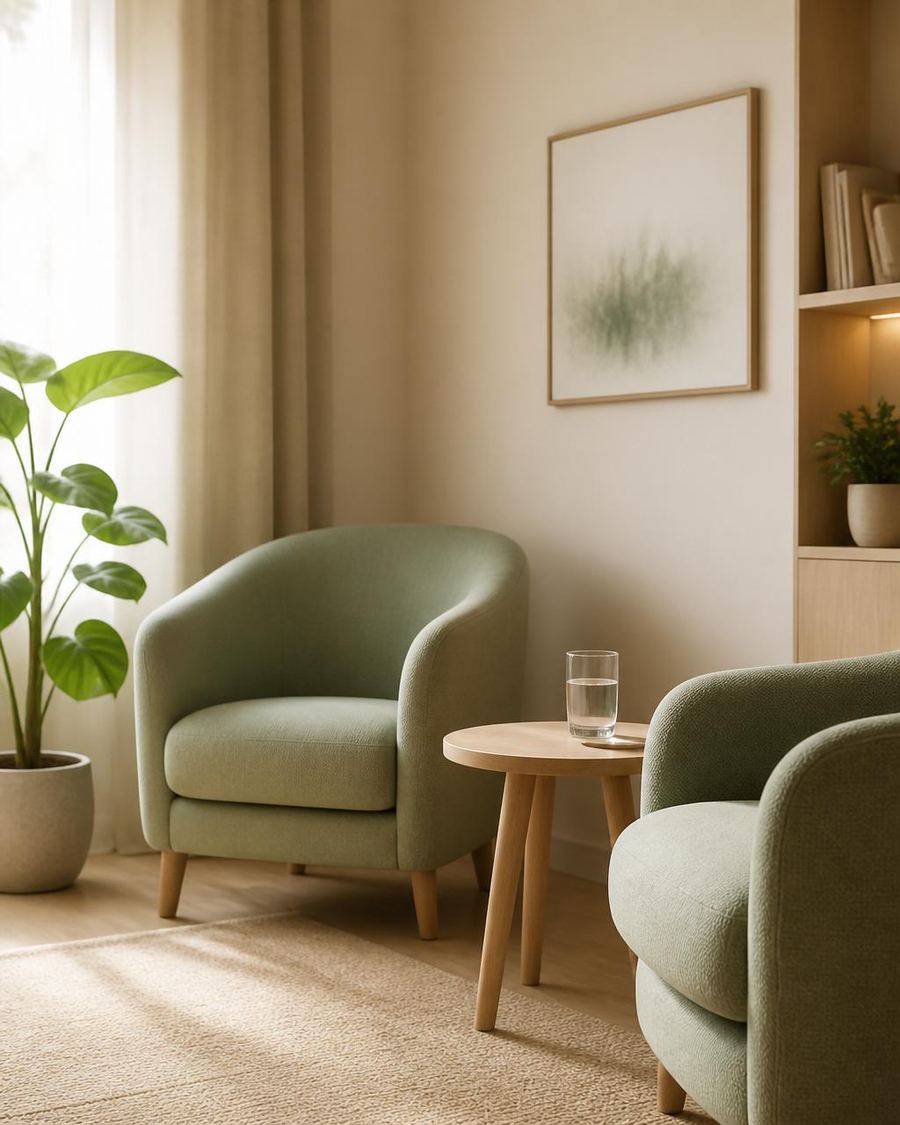 Praxis-Detail der Psychotherapie Dehondt in Wien 1030 – Sessel und Beistelltisch